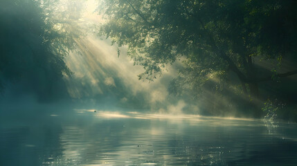 A serene scene of a misty river at dawn, with rays of sunlight filtering through the fog and casting long shadows on the water, reflecting the tranquility and mystery of the early morning landscape.
