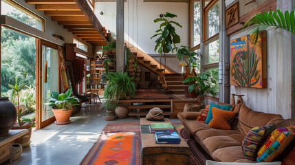 modern bohemian living room with a unique wooden staircase. decorated with vibrant textiles, vintage furniture, and an array of indoor pl