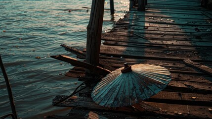 Wall Mural - A blue umbrella is on a wooden bench by a body of water