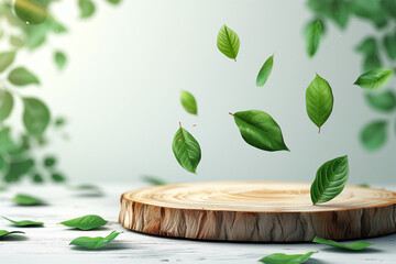 Wall Mural - Wood slice podium and green flying leaves on white background. Natural background
