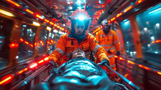 An intense view of a paramedic with a patient in a stretcher, surrounded by the striking neon lights of an ambulance interior