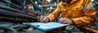 © Vilaysack - Worker in yellow jacket fills out paperwork in a complex industrial setting.