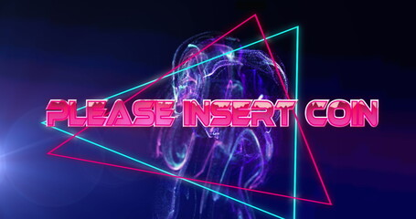 Poster - Image of please insert coin text over neon triangular banner against blue background