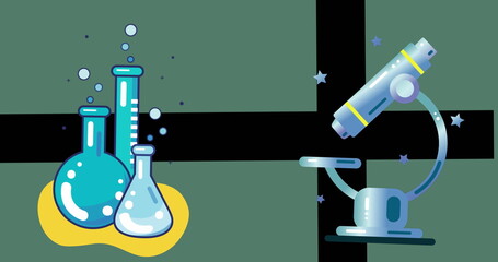 Poster - Image of microscope and laboratory equipment icon against cross stripes on green background