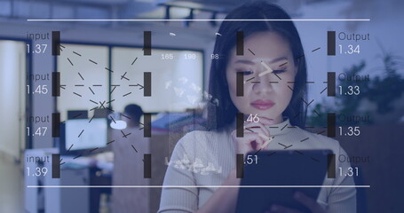 Poster - Image of data processing against asian woman using digital tablet at office