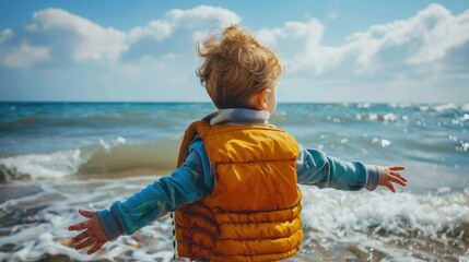 Canvas Print - Child having fun by the ocean wearing a vest