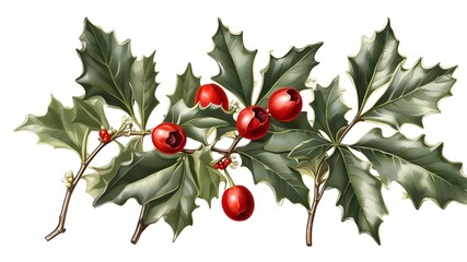 Wall Mural - Isolated Holly plant sprig on clear background, vintage botanical drawing