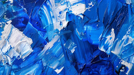 Wall Mural - Rough expressive brushstrokes on a vibrant cobalt blue and bright white abstract canvas closeup,