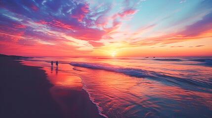 A beautiful sunset over the ocean with the sky painted in hues of orange, pink, and purple, and silhouettes of people walking along the shoreline