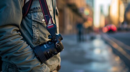 A Canon camera with a strap on it