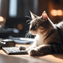 Sticker - a cat with its head resting on a keyboard in front of a computer monitor