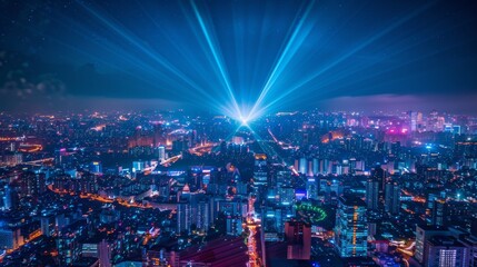 Wall Mural - A city at night with a blue sky and a few clouds