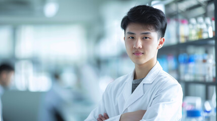 Wall Mural - confident young scientist in laboratory. a portrait of a young, focused male scientist standing in a