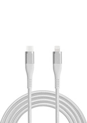 White cable for charging and synchronization with Type - C, USB, Micro USB, Lightning connectors on a white background close-up