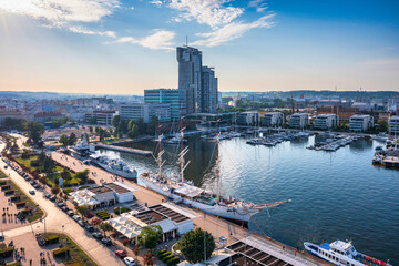 Wall Mural - Aerial landscape of the harbor in Gdynia with modern architecture in setting sun. Poland