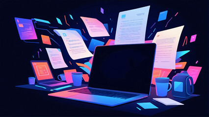 Illustration of digital files and laptop on neon background. Working with documents online, digitalization and data storage concept