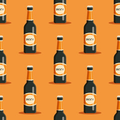 Wall Mural - Beer vector seamless pattern. Stylized retro bottles on orange background.