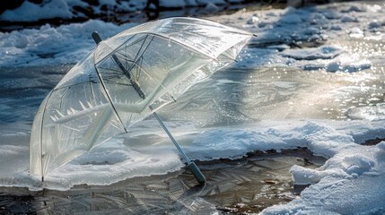 Wall Mural - A clear umbrella with ice on it is sitting on top of snow