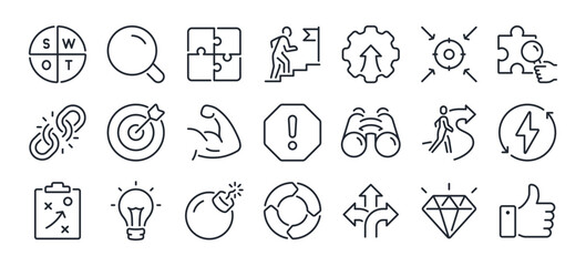 swot analysis of strengths, weaknesses, opportunities and threats editable stroke outline icons set 