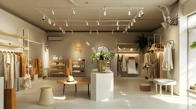 Modern sustainable second-hand vintage fashion store with minimalist design and eco-friendly decor