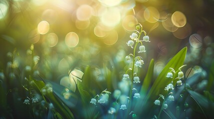 Wall Mural - lily of the valley flowers with soft bokeh light in springtime. 