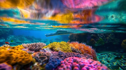 Wall Mural - A colorful coral reef with a reflection of a knife in the water