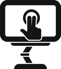Poster - Black and white vector icon showing a hand touching a computer monitor, symbolizing interaction with technology