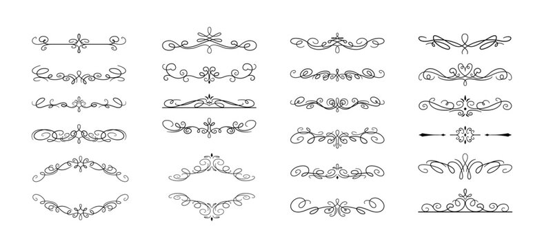 Vintage decorative dividers flat vector elements set. Elegant text delimiters with swirls antique design collection on white background