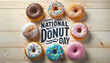 © Darr.di - Celebrate National Donut or doughnut day, sweet retreat snack, happiness through dessert party, dairy bakery food for life event