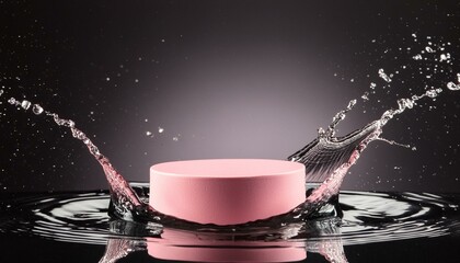 empty pink podium mockup with water splash on a black gradient background for product display