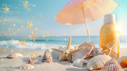 Wall Mural - A tranquil summer beach scene with starfish, seashells, beach umbrella, and sunscreen, perfect for vacation or leisure concepts.