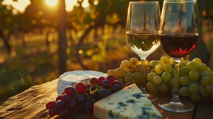 Wall Mural - Elegant wine tasting setup in an old vineyard, with glasses of red and white wine, grapes, and aged cheeses on a wooden table, bathed in the golden hour light, ai generated