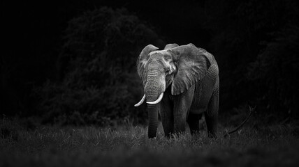 Wall Mural - A black and white of an elephant standing in the dark