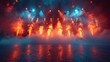 © familymedia - Intense pyrotechnic display at a live concert, with vibrant flames shooting into the air on a stage