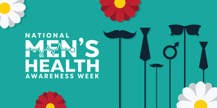 National Mens Health Awareness Week. Mustache, glasses, tie and flower. Great for cards, banners, posters, social media and more. Green background. 