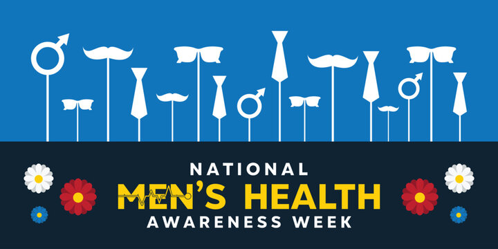 National Mens Health Awareness Week. Mustache, glasses, tie and gender icon. Great for cards, banners, posters, social media and more. Blue background. 