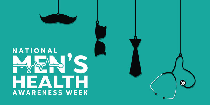 National Mens Health Awareness Week. Mustache, glasses, tie and stethoscope. Great for cards, banners, posters, social media and more. Green background. 