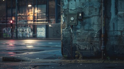 Wall Mural - A dark alley with graffiti on the wall and a street light in the background