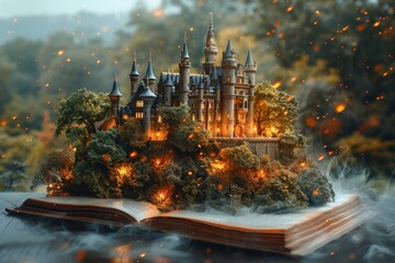 A fantasy novel book opened and laying flat on a wooden table, a miniature castle of a great kingdom with mist and fog appeared from the book.