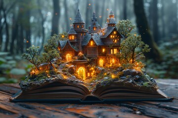 A fantasy novel book opened and laying flat on a wooden table, a miniature castle of a great kingdom with mist and fog appeared from the book.