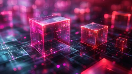 Wall Mural - Highlighting 3D digital cubes of different sizes on a glowing grid, this image conveys notions of connectivity, advanced tech, and data structures