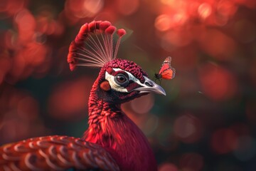 Poster - Close-up shot of a bird with a butterfly perched on its head. Suitable for nature and wildlife themes