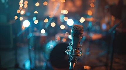 Poster - A microphone in front of a stage with lights in the background. Ideal for music events and performances