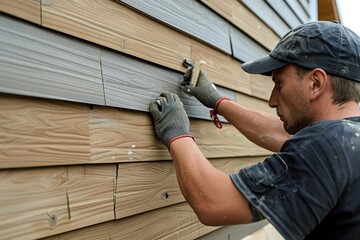 Sticker - A man wearing gloves and a hat painting a house. Suitable for construction or home improvement concepts