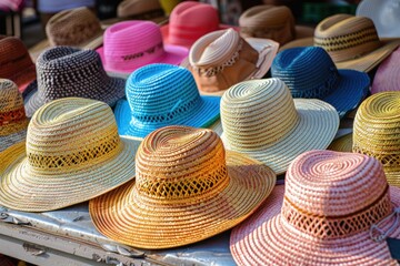 Aufkleber - Various colored hats displayed on a table, suitable for fashion or event concept