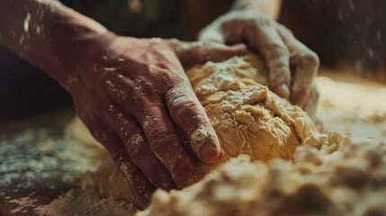 Poster - A person kneading dough on a wooden table, ideal for bakery or cooking concepts