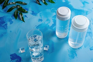 Poster - Refreshing water bottles on blue background, ideal for hydration concept