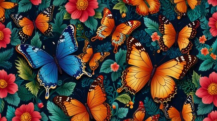 seamless pattern with colorful flowers and beautiful butterflies
