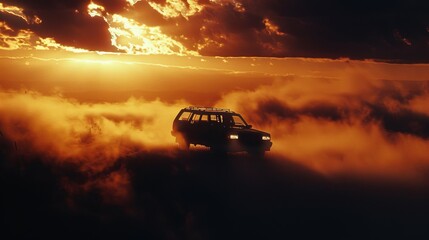 A photo of a car driving in the clouds at sunset, dark natural lighting, generated with AI