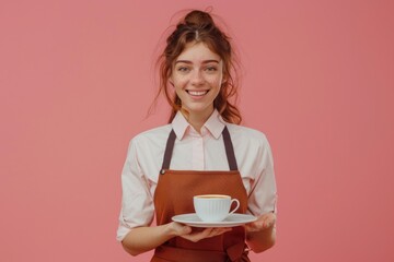 Wall Mural - A woman in an apron holding a cup of coffee. Perfect for coffee shop promotions